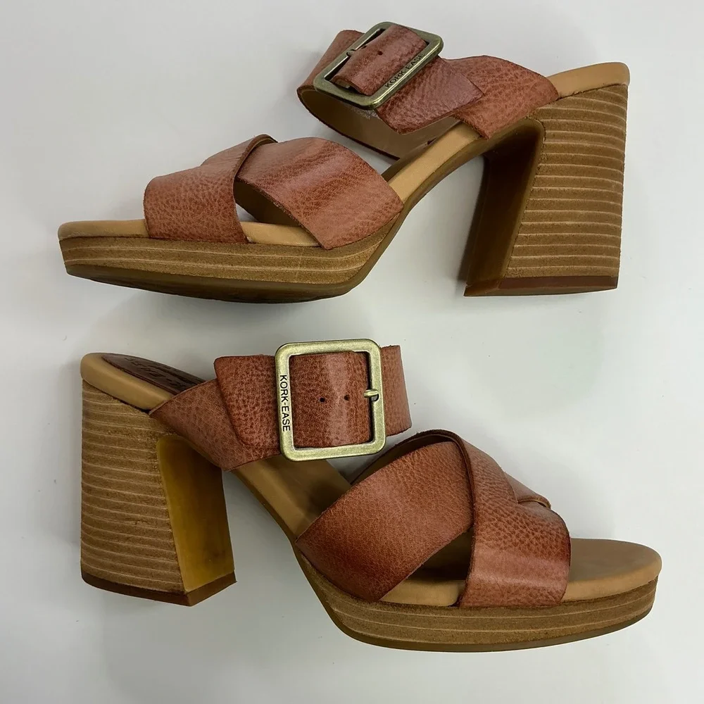 Kork-Ease Brown Leather Platform Sandal Women Size 9M Block Heel Slide K70428
